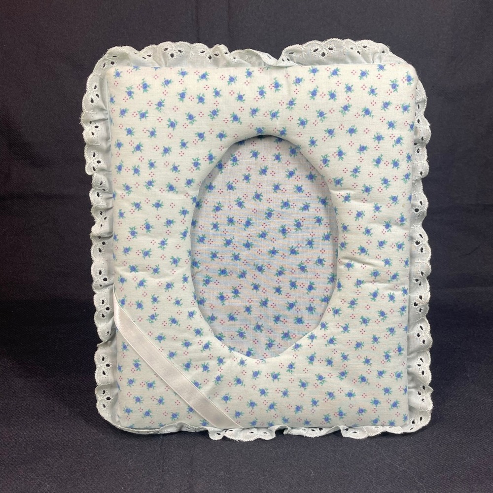 Vintage 8x10 Photo Frame Light Blue Floral Padded Fabric Eyelet Lace 5x7 Photo